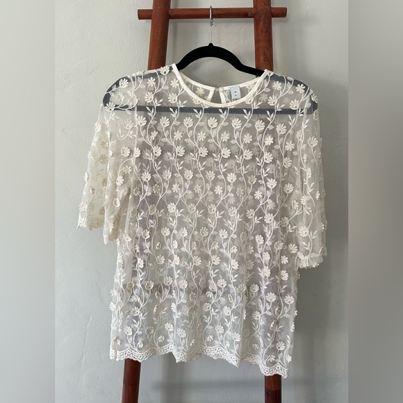 Olive Tops - Olive (UK) Lace See Through Half Sleeve Blouse (OS, VGUC)
